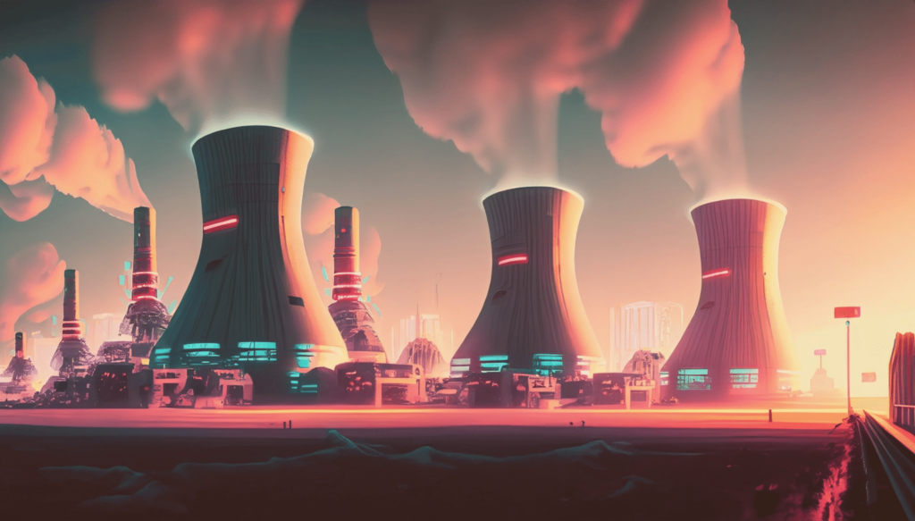 Человек и искусственный интеллект размышляют о будущем атомных городов