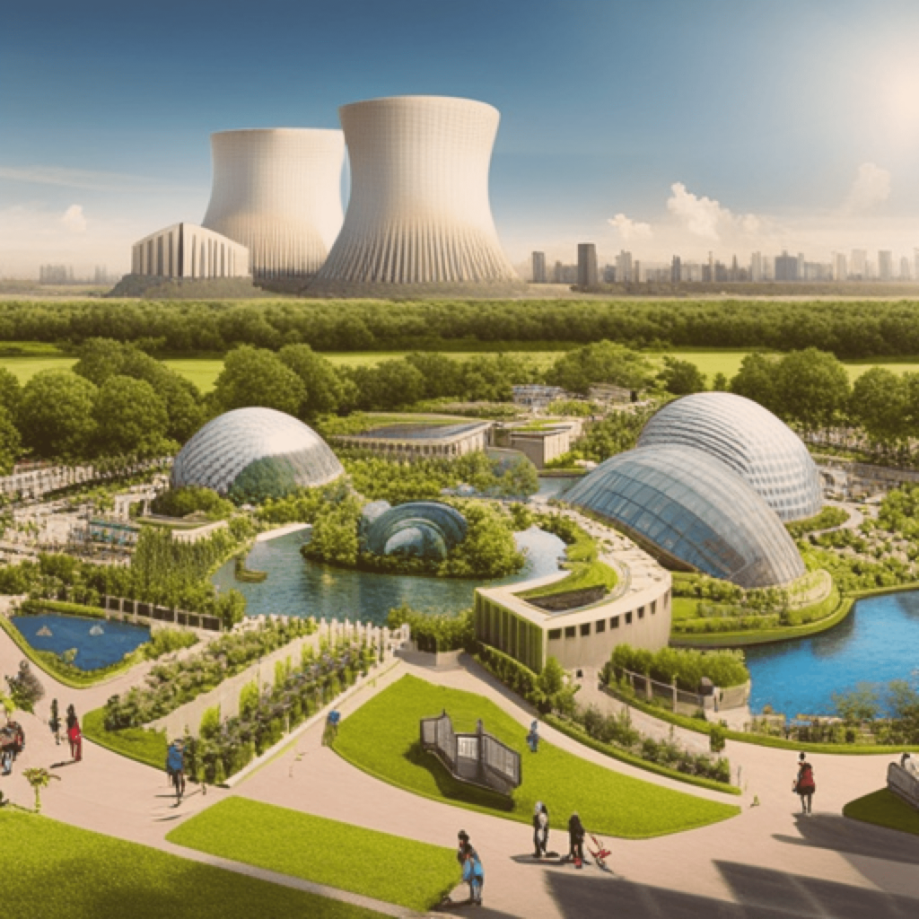 Человек и искусственный интеллект размышляют о будущем атомных городов